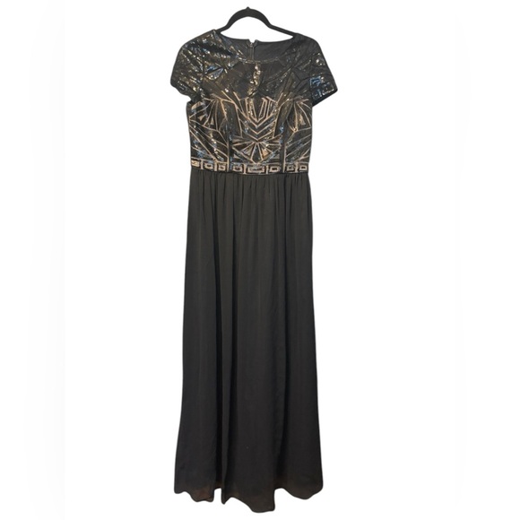 Decode Black Sequin Nude Lining Cap Sleeve Top Chiffon Flowy Skirt Gown Size 10 - Picture 1 of 5